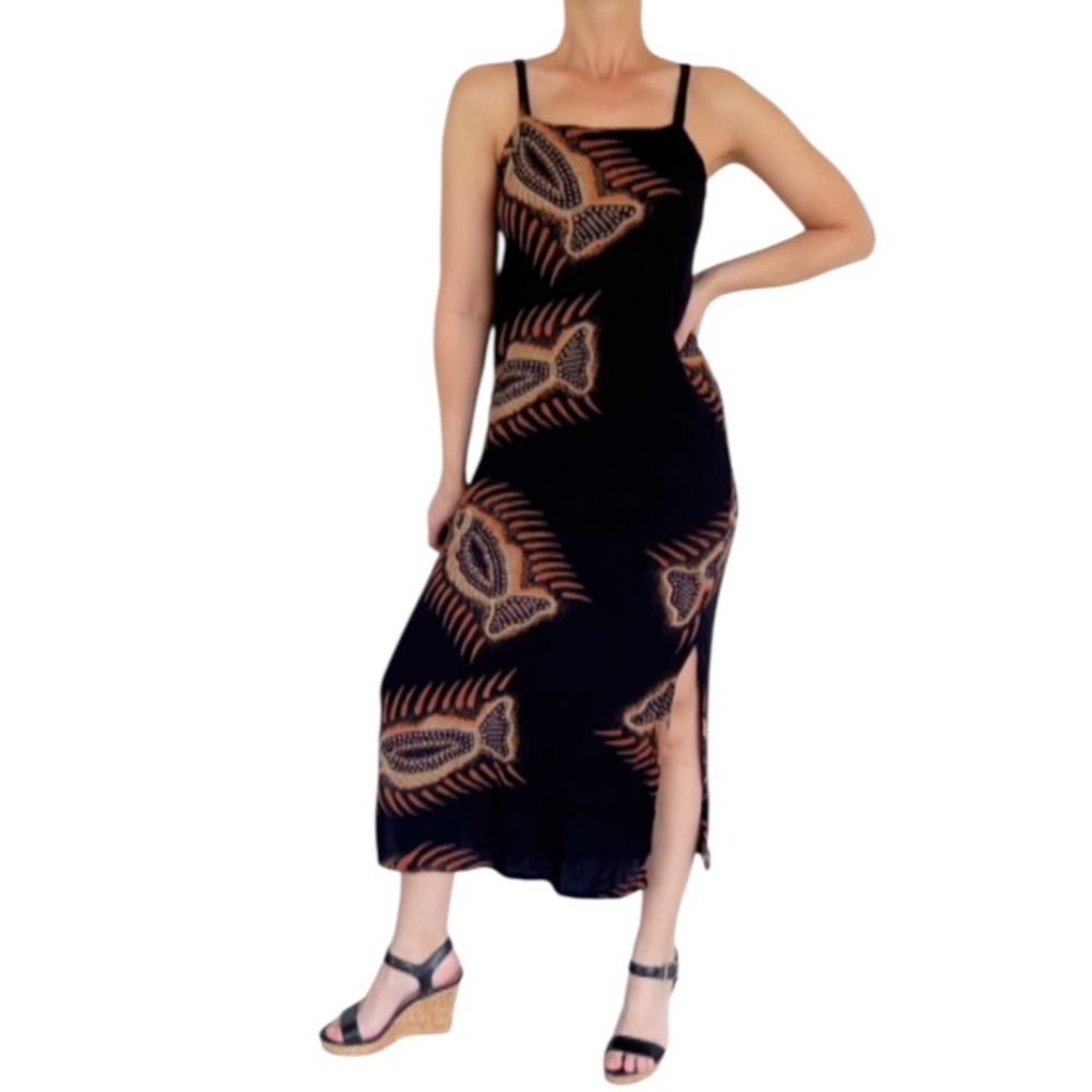 Vintage Kembali Collection black orange tribal fish print midi dress size medium